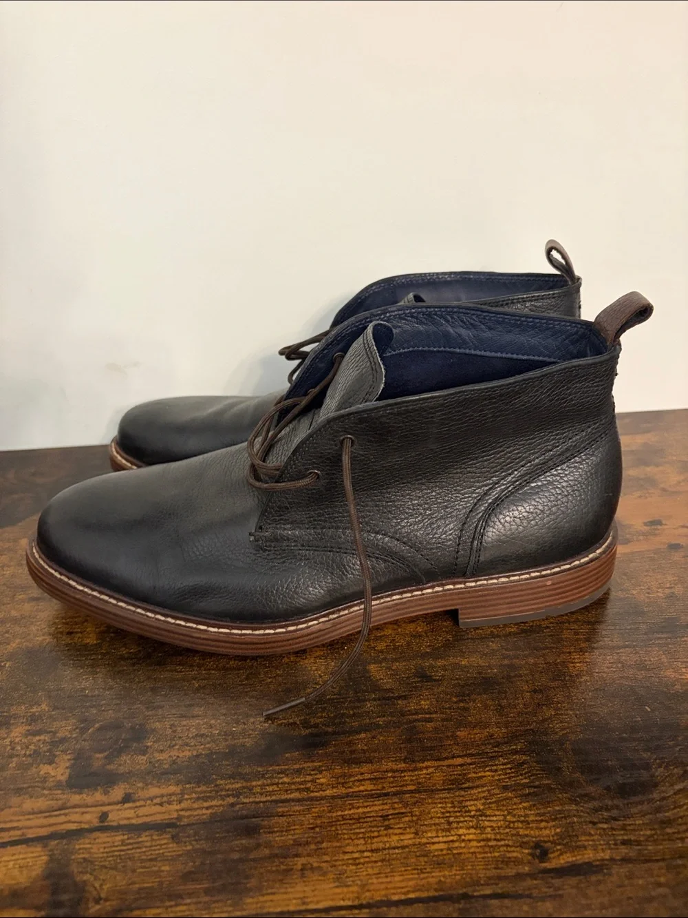 Cole Haan Black Leather Chukka Boots with Brown Sole Trim